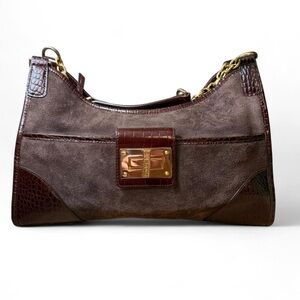 Lauren Ralph Lauren Brown Suede & Croc-Accent Shoulder Bag